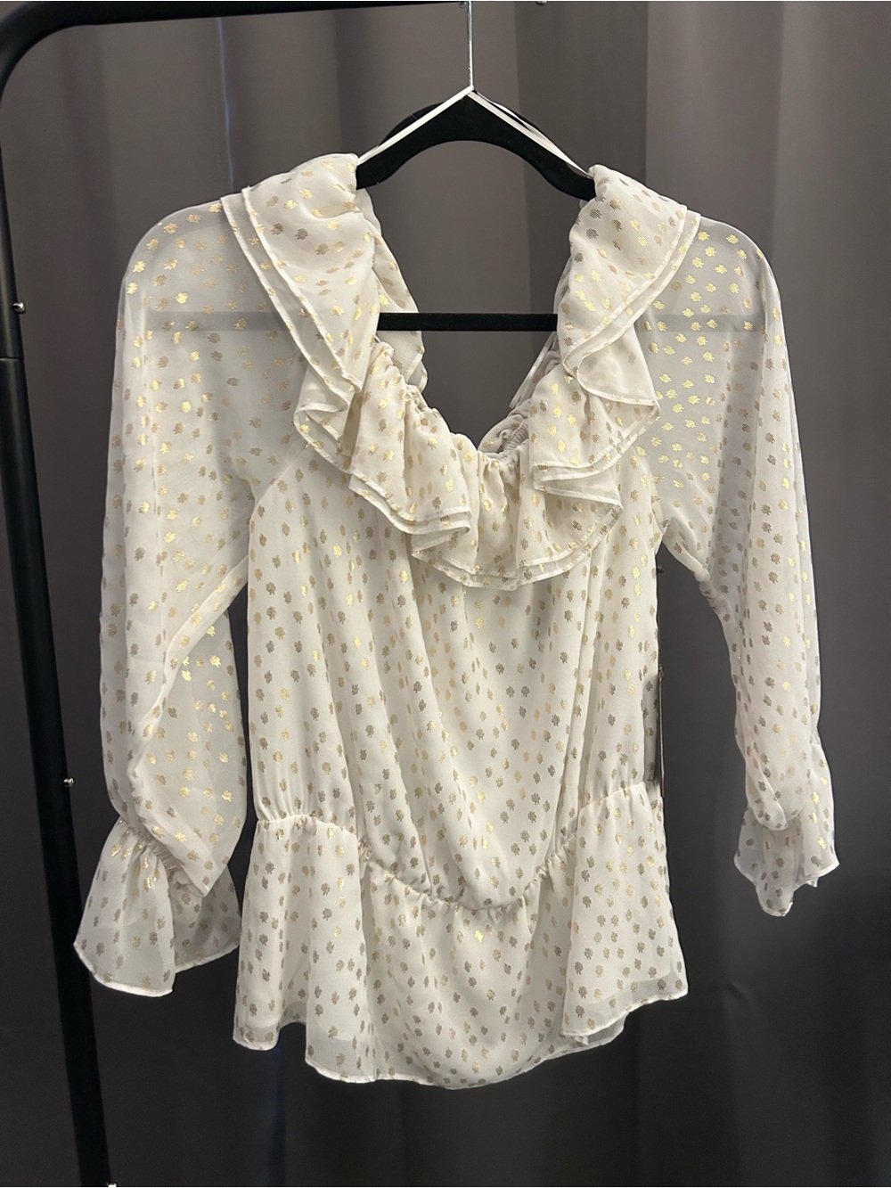 Vince Camuto Ruffled V-Neck Sheer Blouse in Ivory with Gold Dots